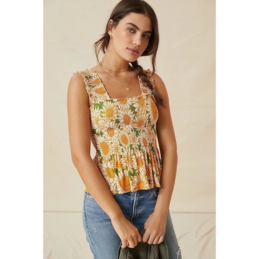 Conditions Apply Anthropologie Katalia Sunflower Smocked Peplum Tank Blouse top